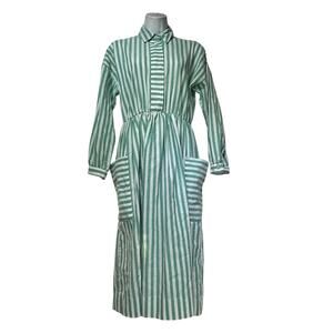 la chemise USA green white striped collared midi long sleeve pockets dress Sz 8